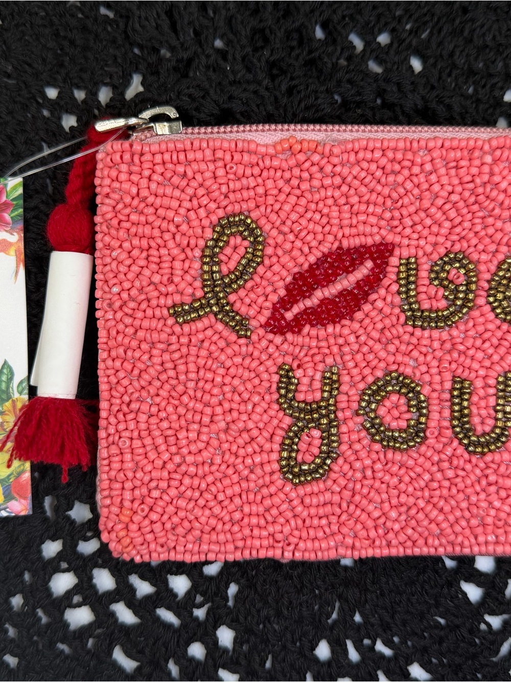 beaded love you pouch pink valentine cosmetic bag nwt